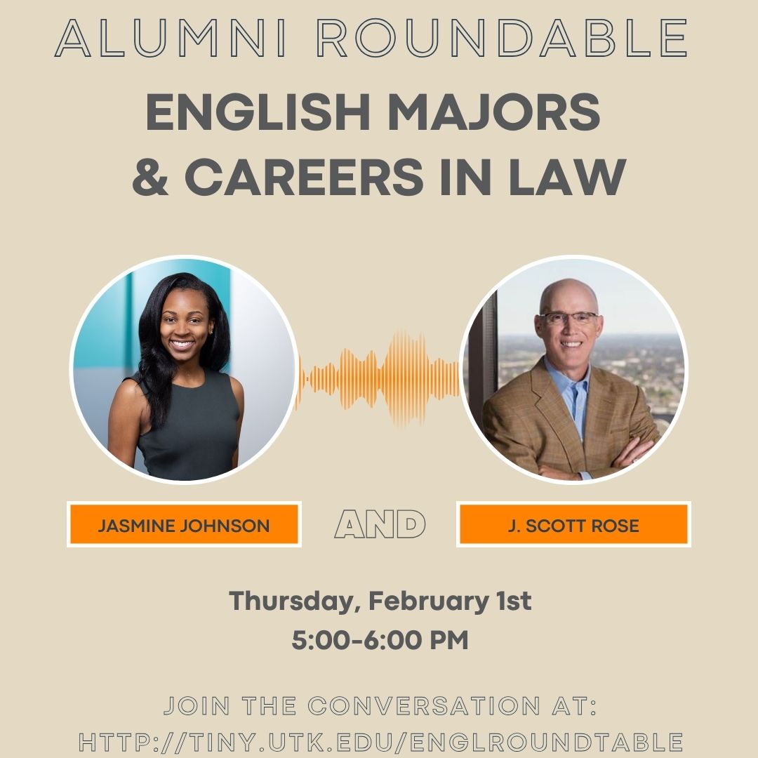 A poster showing two attorneys who participated in the English major roundtable