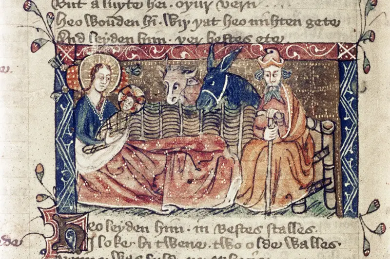 An image from 1400 of donkeys watching over the newborn Jesus. © Bodleian Libraries, University of Oxford, CC BY-NC.