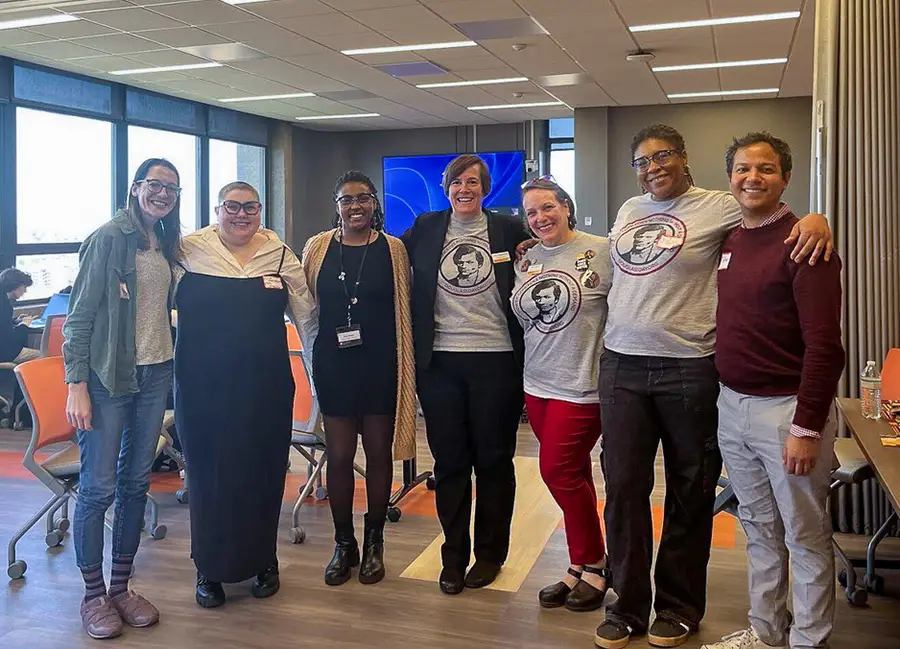 Associate Professor Katy Chiles, third from right, joined colleagues to coordinate the UT English department’s Douglass Day Celebration and Transcribe-a-Thon in February 2024. From left: Emily Harrison, Eliza Alexander Wilcox, Paris Whalon, Anne Langendorfer, Chiles, Shaina Anderson, and Joshua Ortiz Baco. Photo by Harrison Ing, UT Daily Beacon