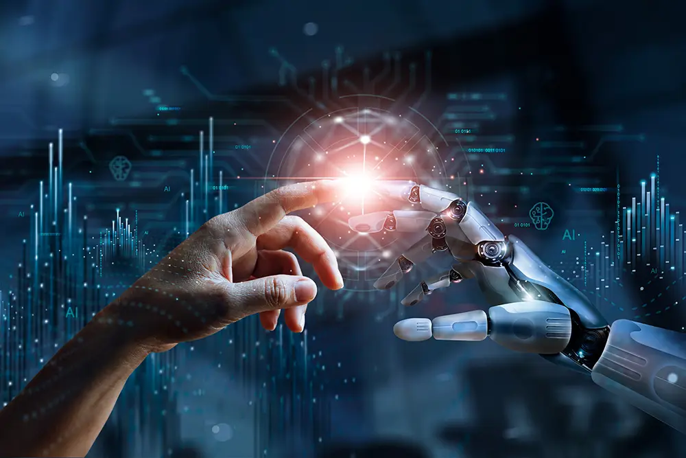 Abstraction of a human and robot hand touching a ball of lot in harmony.