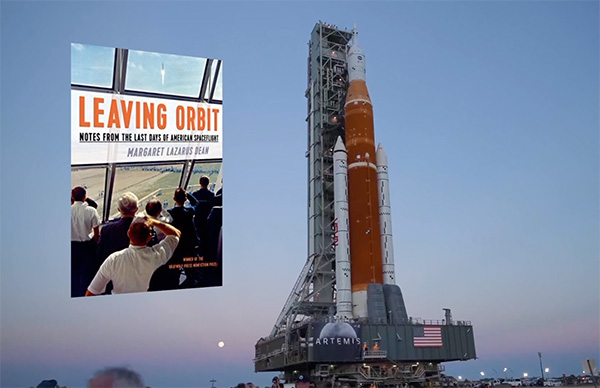 A photo of Dean's book Leaving Orbit overlaying Artemis launch pad at Kennedy Space Center