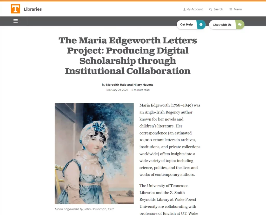 A screen capture of the Maria Edgeworth Letters site homepage