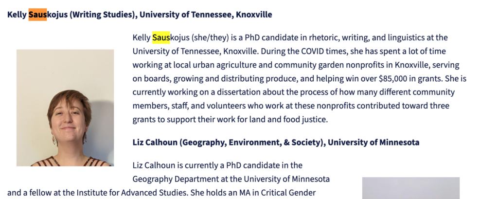 Screen capture showing Kelly Sauskojus and her related information