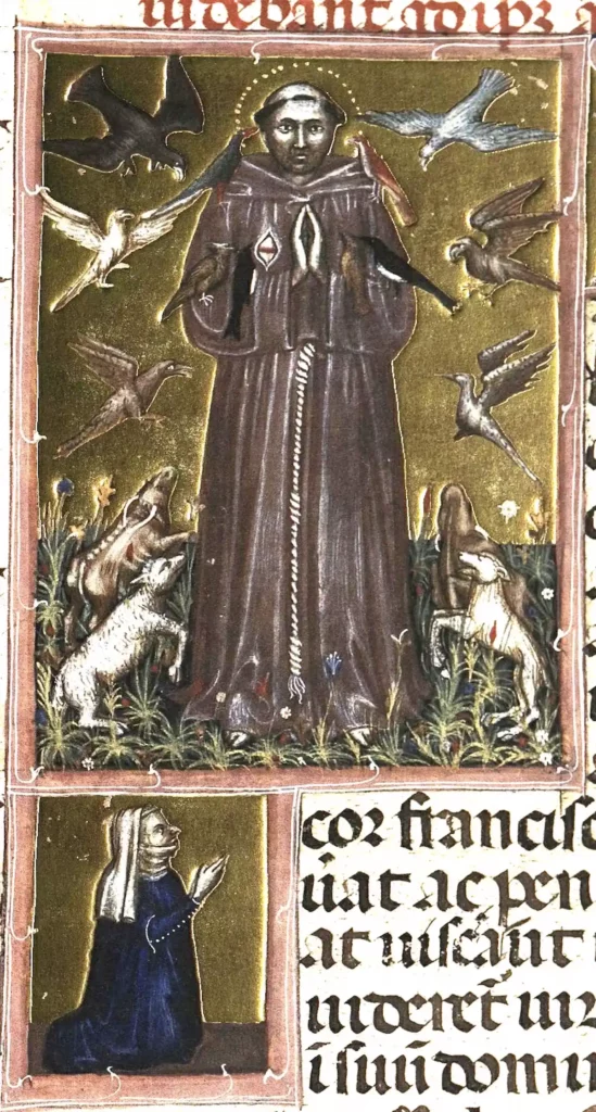 Animals gather around Francis, who stands in prayer, in a 14th century illustrated manuscript containing the Major Legend of St. Francis: MS 411 in the Biblioteca Nazionale Centrale in Rome, Author provided (no reuse)