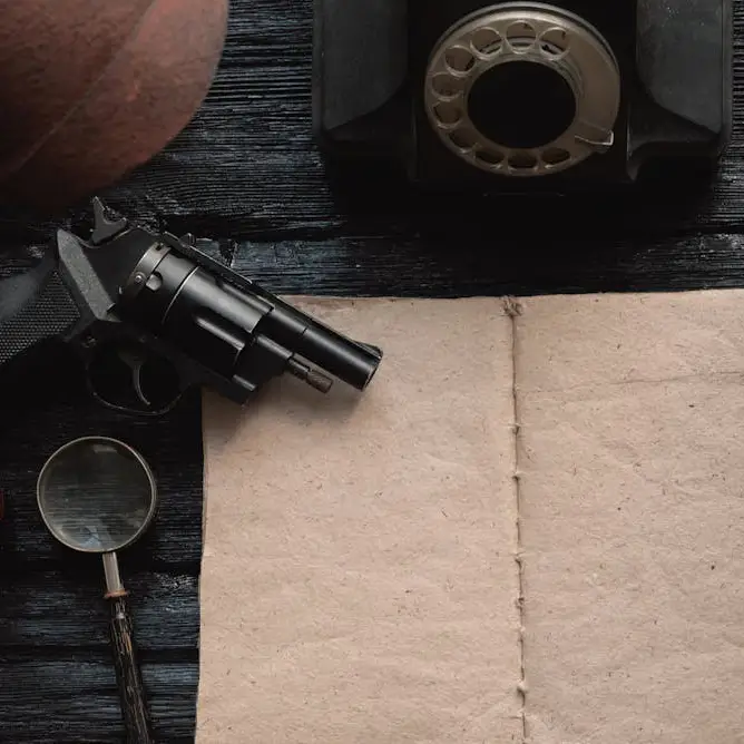 Stock image showing paper on a desk as well as a revolver and a magnifying glass